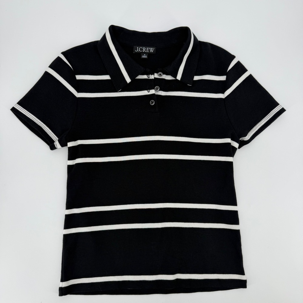 J.Crew Womens Medium Black White Striped Short Sleeve Polo Shirt Cotton Blend